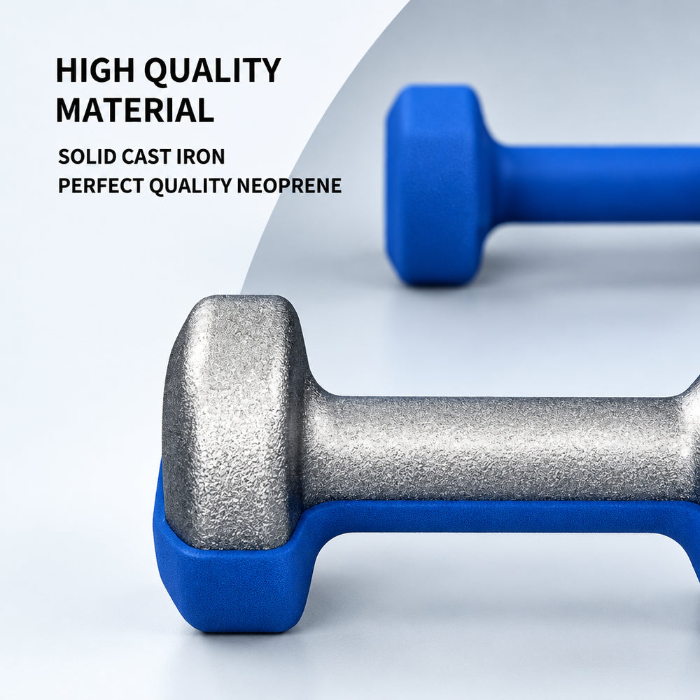 Close-up of a blue and silver dumbbell with promotional text reading 'HIGH QUALITY MATERIAL', 'SOLID CAST IRON', and 'PERFECT QUALITY NEOPRENE'.