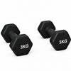 Pair of black dumbbells with weight markings on a dark surface