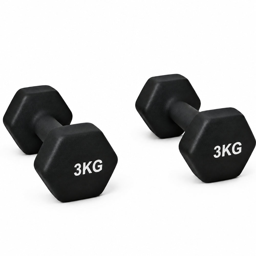 Pair of black dumbbells with weight markings on a dark surface