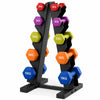 neoprene dumbbell storage tree with colourful weights on a white background