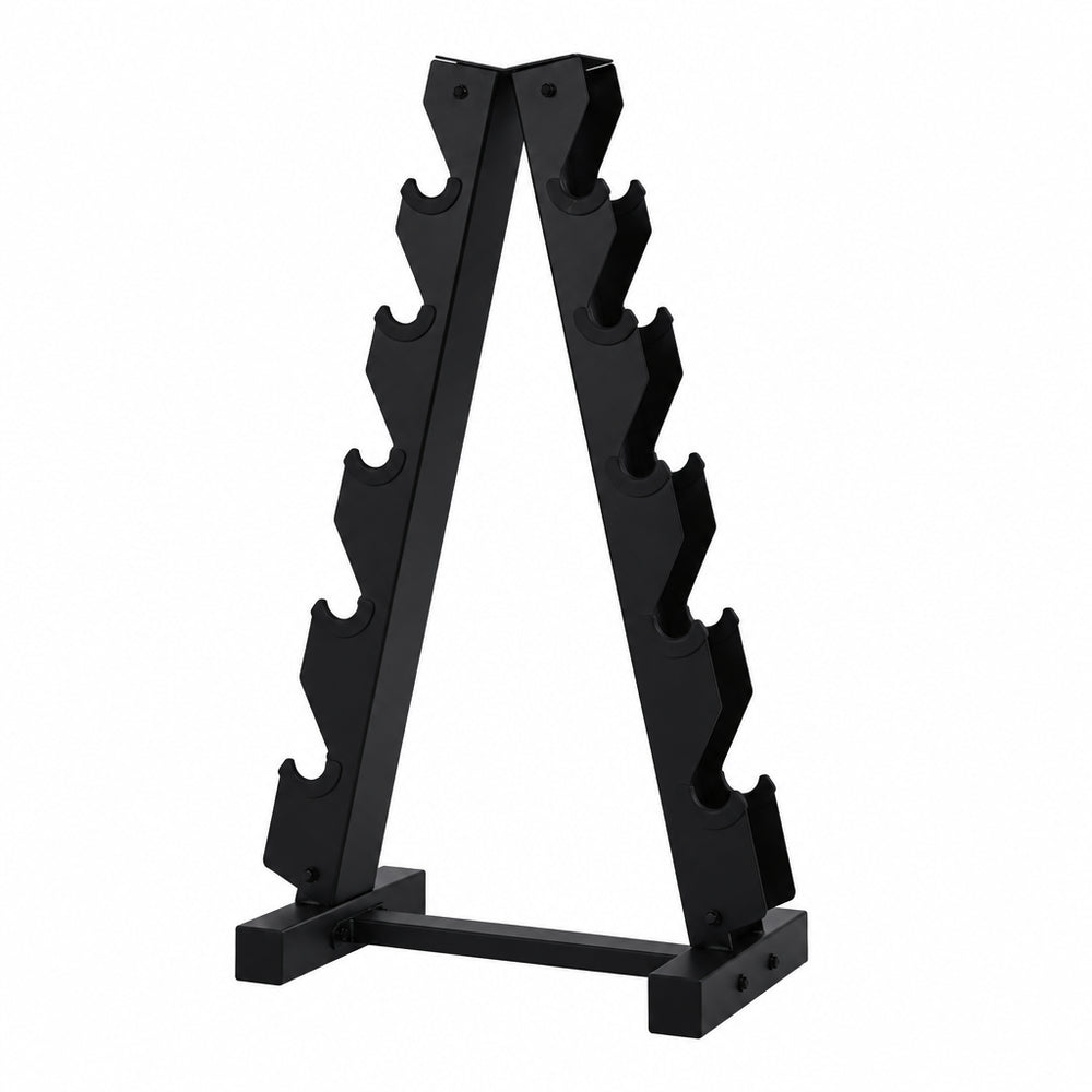 A black metal A-frame dumbbell weight rack with multiple peg slots, shown on a plain white background.