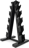 A black metal dumbbell rack with multiple curved pegs on each side, shown standing on a white background.