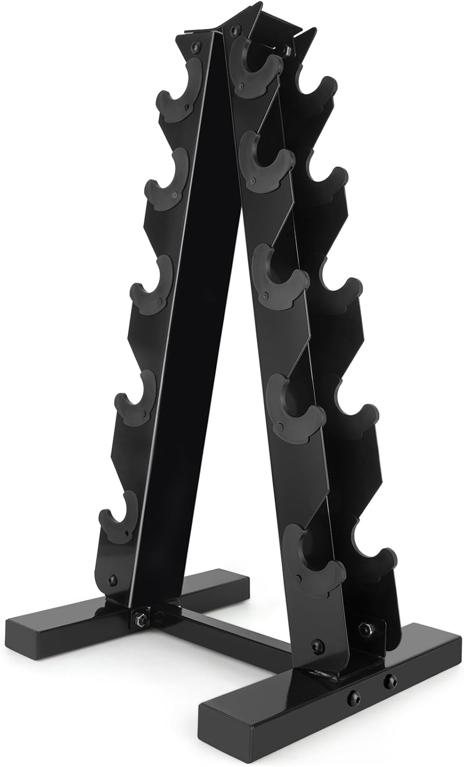 A black metal dumbbell rack with multiple curved pegs on each side, shown standing on a white background.