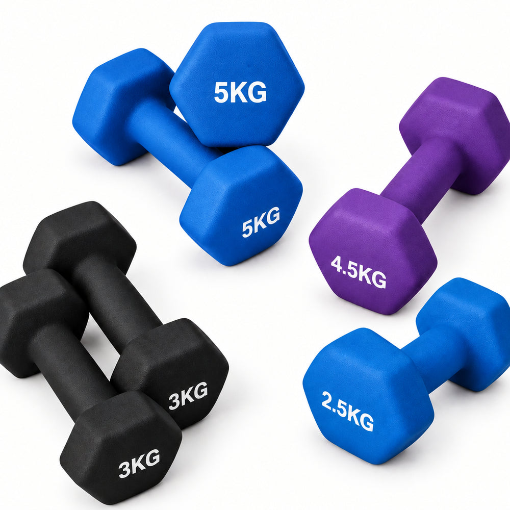 Neoprene dumbbells with weight markings on a black background