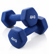 Two blue hexagonal dumbbells displayed on a clean white background.