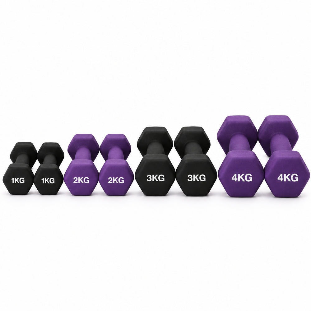 Purple dumbbells of various weights on a dark surface with a gray background