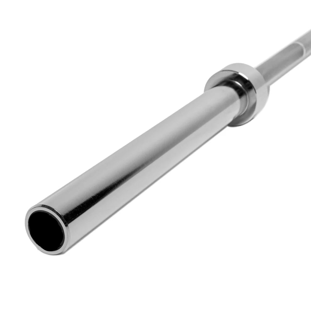 A close-up of a polished steel olympic barbell end on a clean white background. Main image