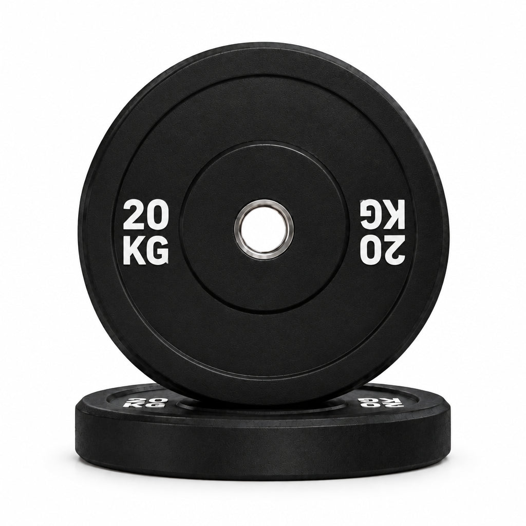 Two black 20 kg weight plates stacked on top of each other, with white text reading '20 KG' on a plain white background. Main image
