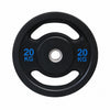 A single black rubber gym weight plate with blue lettering that reads  '20 KG' on both sides, shown on a plain white background.