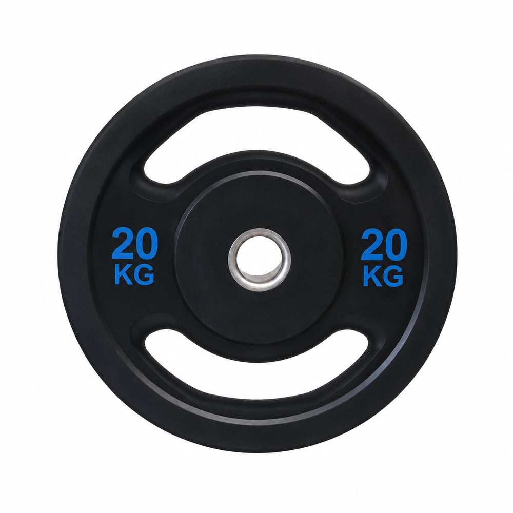 A single black rubber gym weight plate with blue lettering that reads  '20 KG' on both sides, shown on a plain white background.