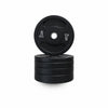 Black rubber weight plates stacked on a white background, with one plate on top showing '5 KG' printed in white.