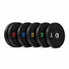 Six black rubber gym weight plates in red, blue, yellow, green, and white lettering, arranged in a row on a white background.