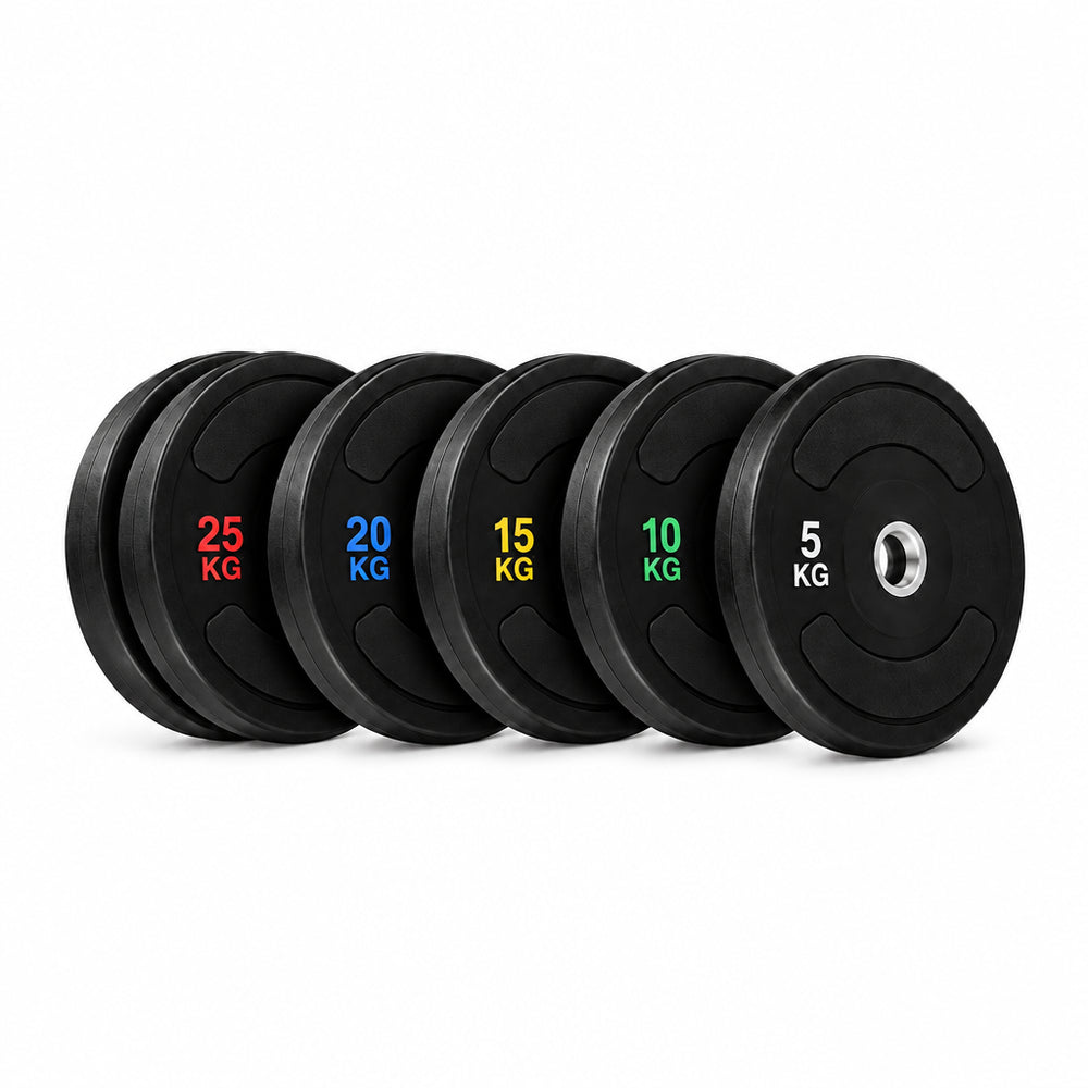 Six black rubber gym weight plates in red, blue, yellow, green, and white lettering, arranged in a row on a white background.