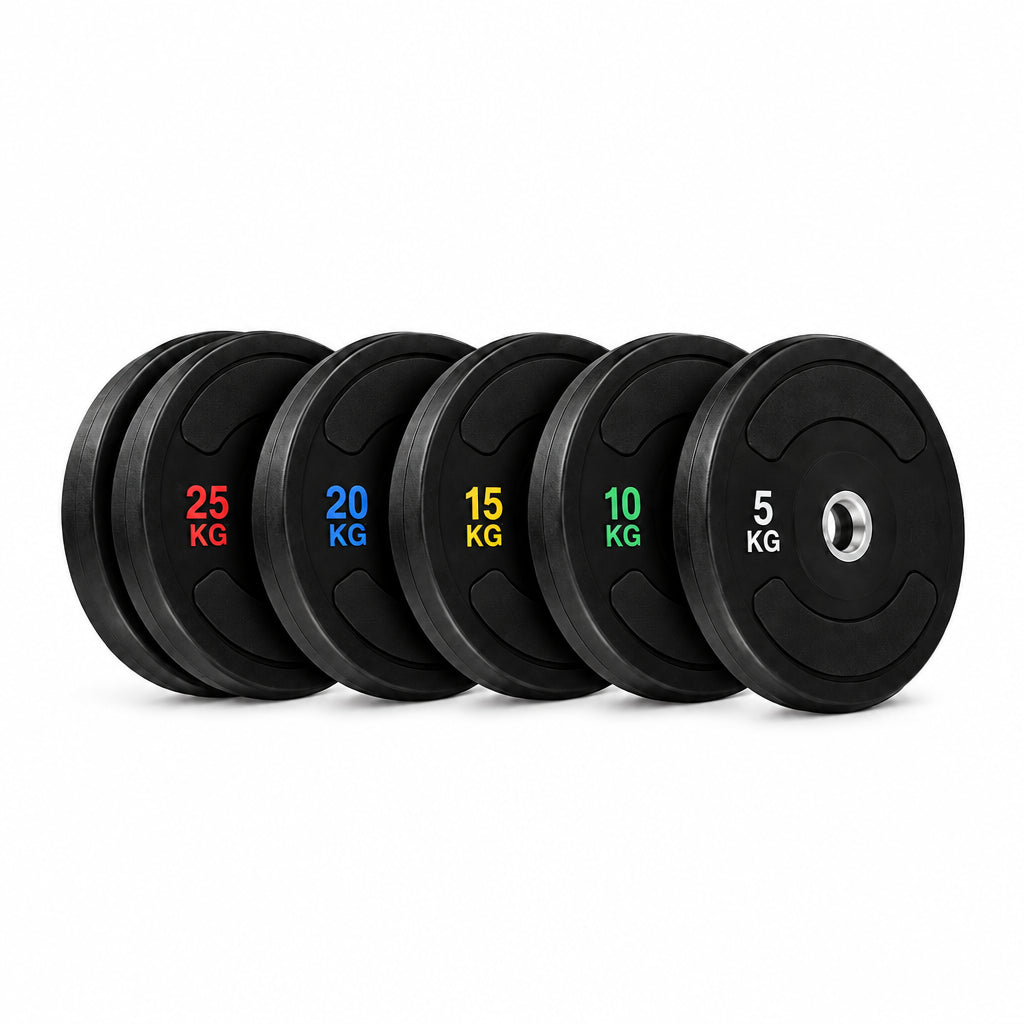 Six black rubber gym weight plates in red, blue, yellow, green, and white lettering, arranged in a row on a white background. Main image