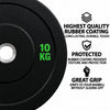 Black rubber weight plate with bright green ASV lettering and '11.34 KG' printed on it, shown alongside marketing text highlighting high-quality rubber coating, protection, and grip on a light textured background.