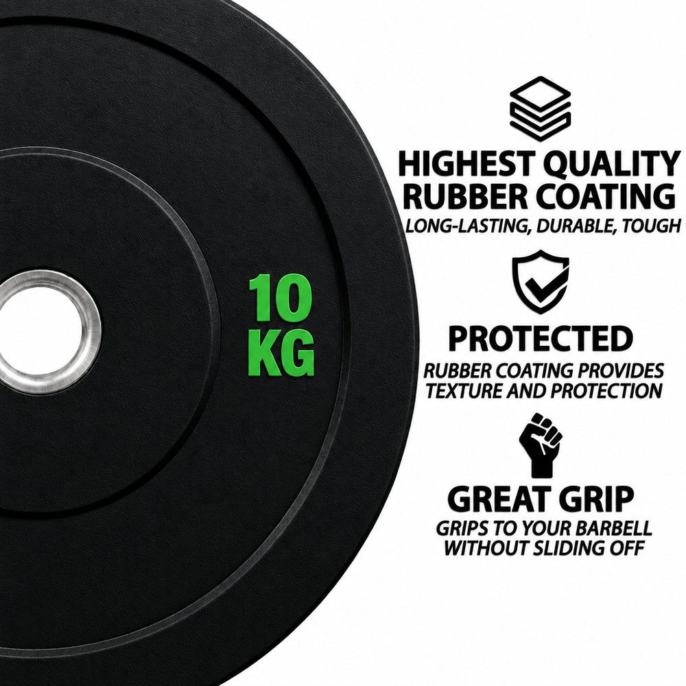 Black rubber weight plate with bright green ASV lettering and '11.34 KG' printed on it, shown alongside marketing text highlighting high-quality rubber coating, protection, and grip on a light textured background.