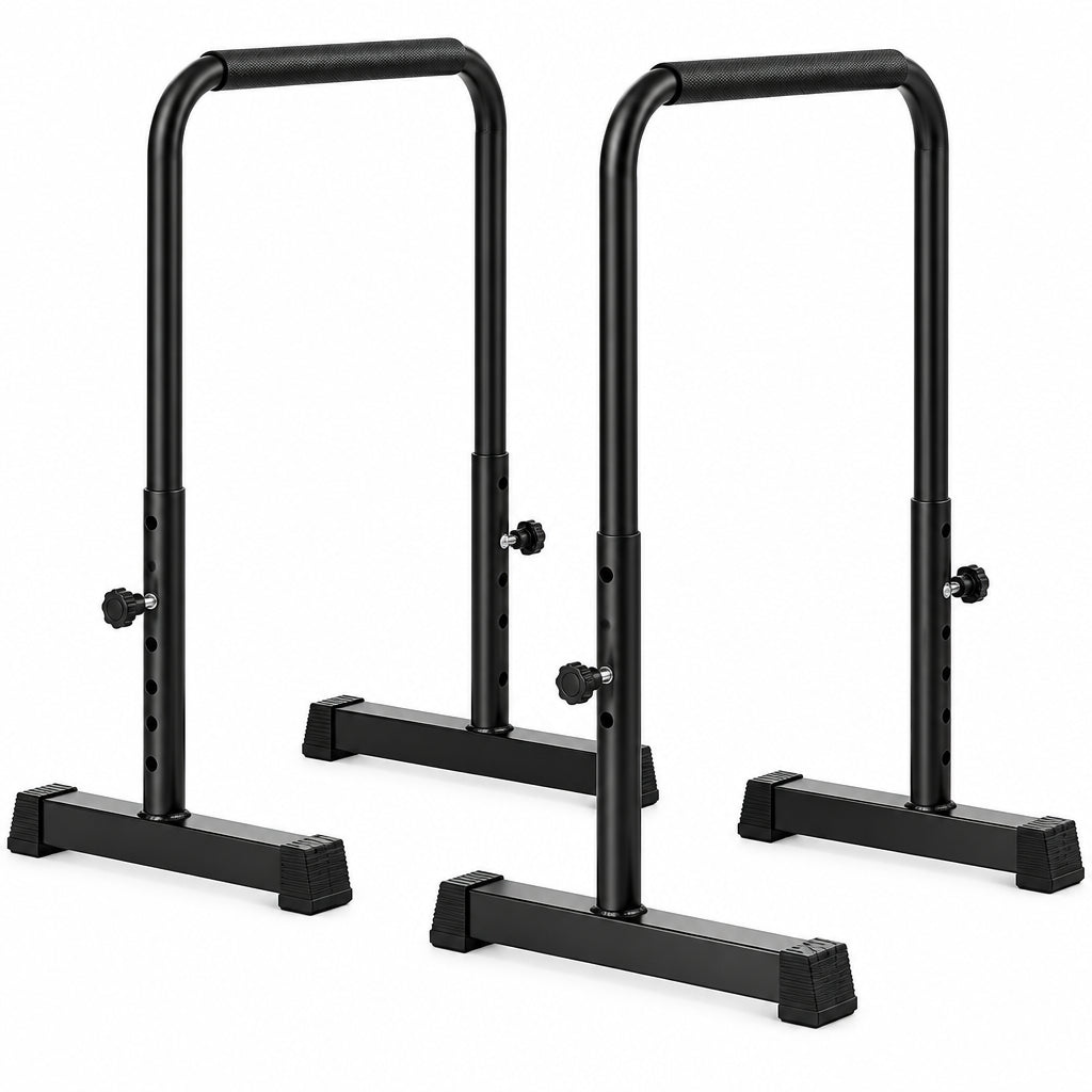 Two black adjustable dip bar frames on a plain white background. Main image