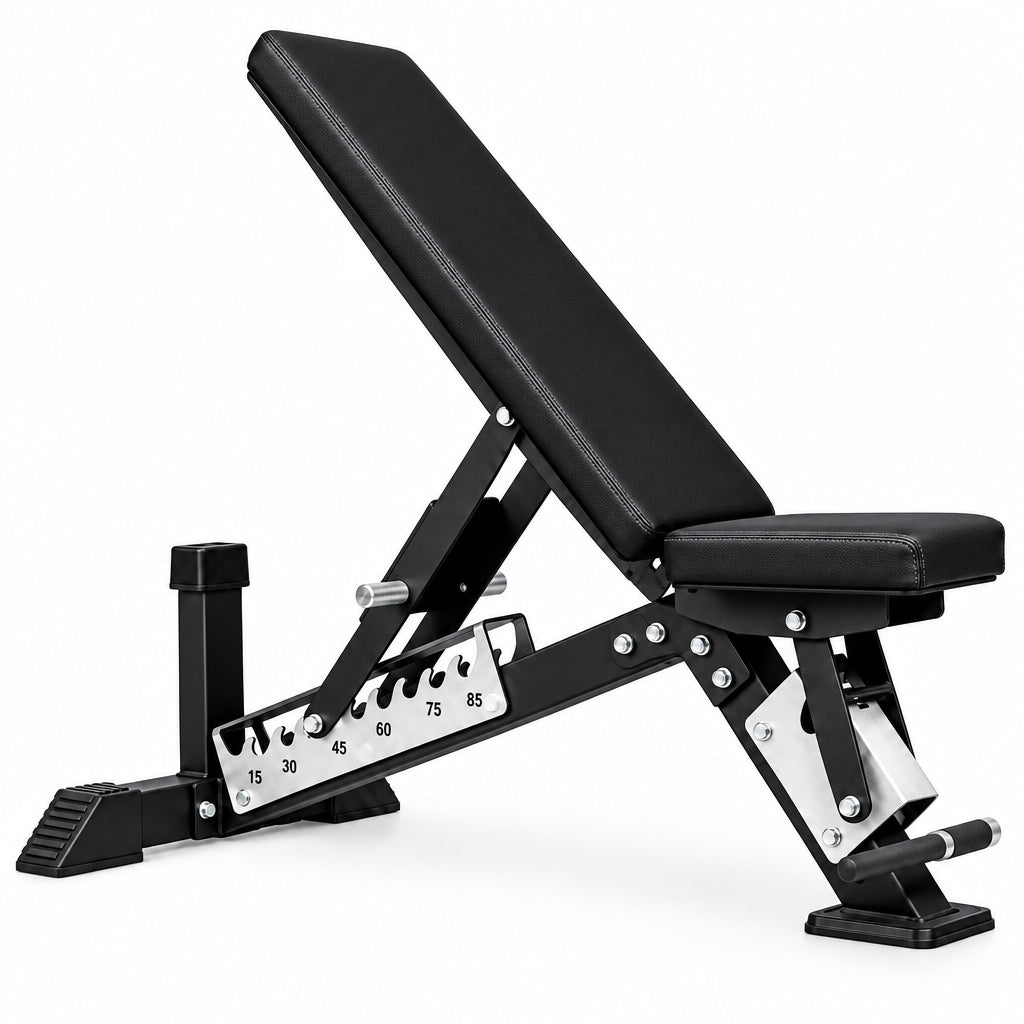 Black adjustable weight bench on a white background