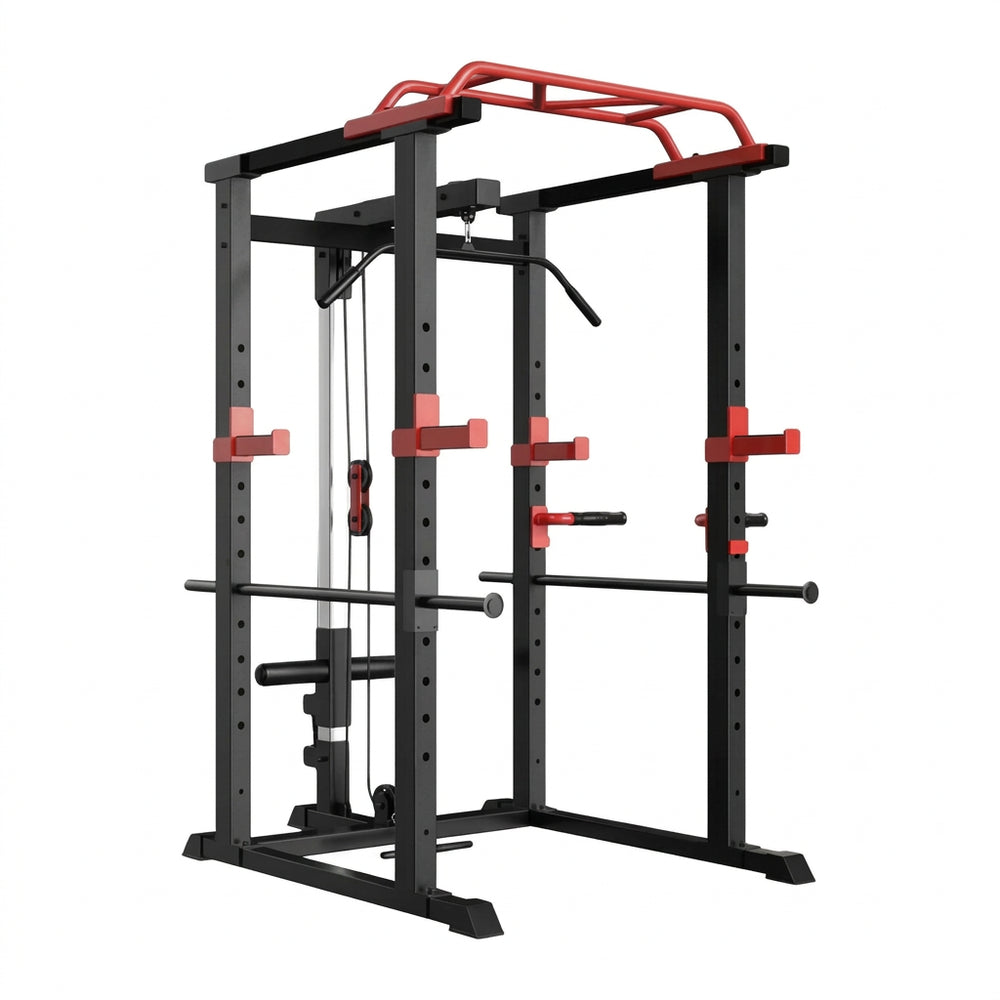 Black and red weightlifting cage on a white background - Buy Online Gym Machine | Gym Superstore