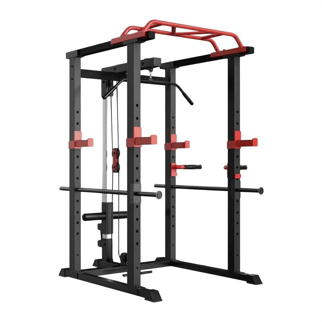 Black and red weightlifting cage on a white background - Buy Online Gym Machine | Gym Superstore Main image