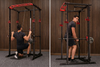 Two images of a man using a black and red pull-up bar and weight rack.