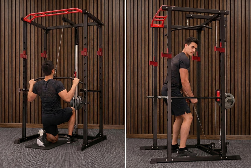 Two images of a man using a black and red pull-up bar and weight rack.