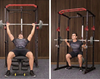 Two images showing a man performing bench press and squat exercises with a power rack.