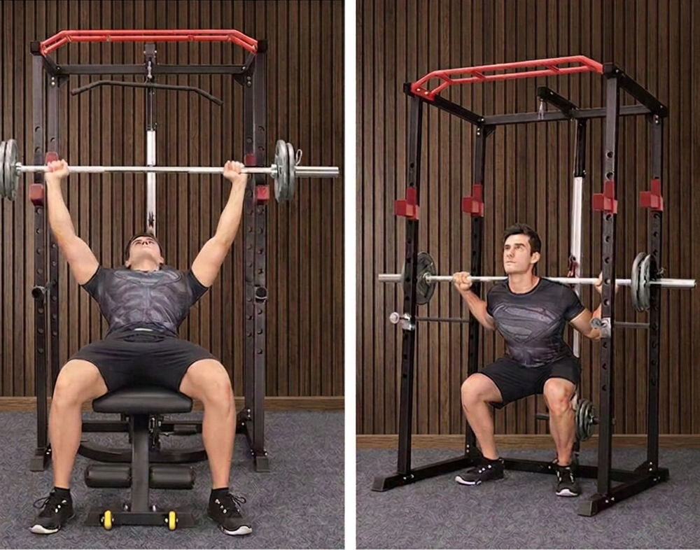 Two images showing a man performing bench press and squat exercises with a power rack.