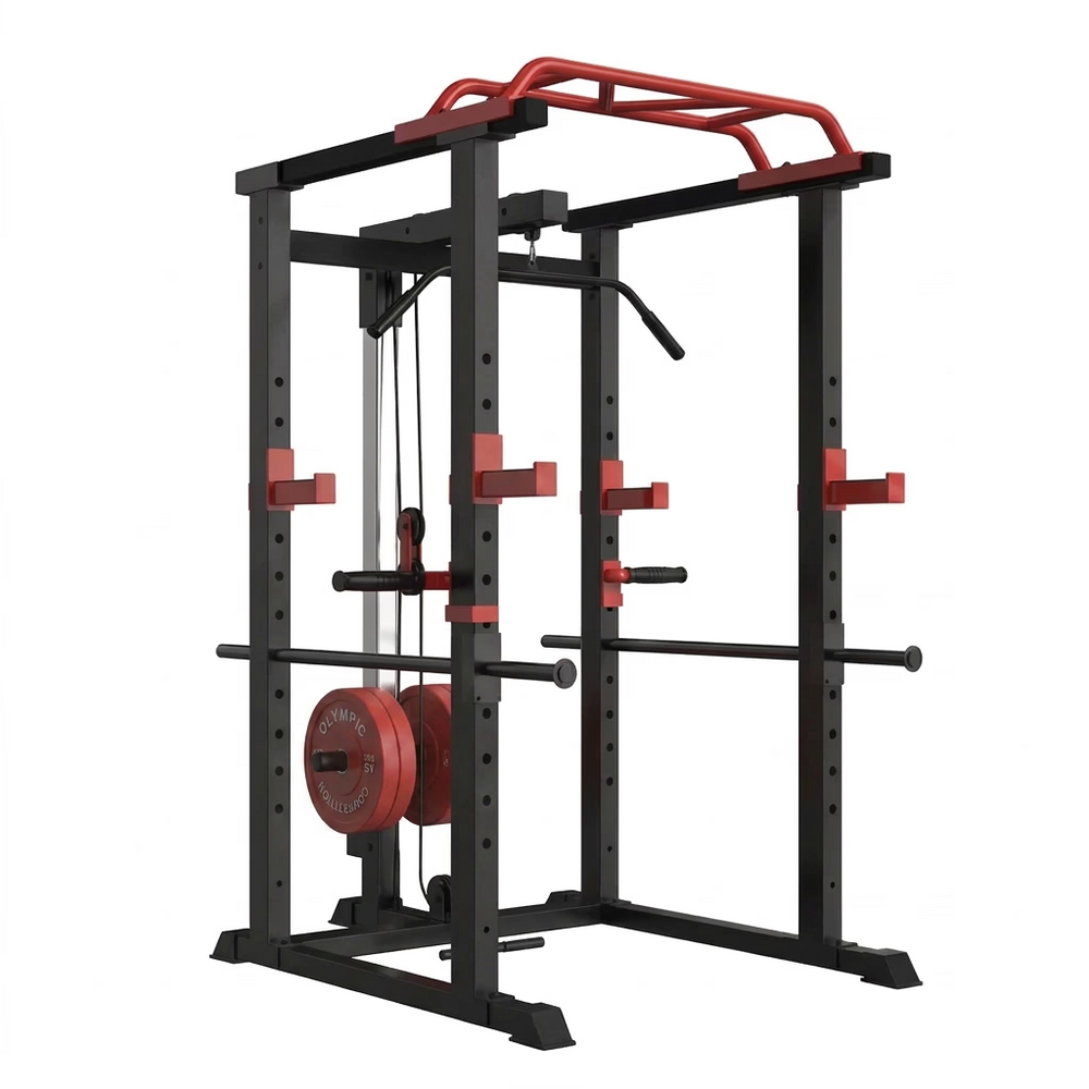 Black and red power rack gym equipment on a white background