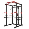 Black and red weightlifting rack on a gray background