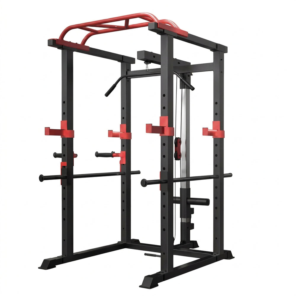 Black and red weightlifting rack on a gray background