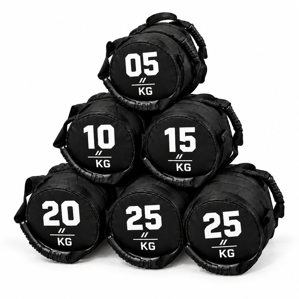 Five black adjustable weight plates labeled 5, 10, 15, 20, and 25 kg, arranged in a row on a plain white background. Main image