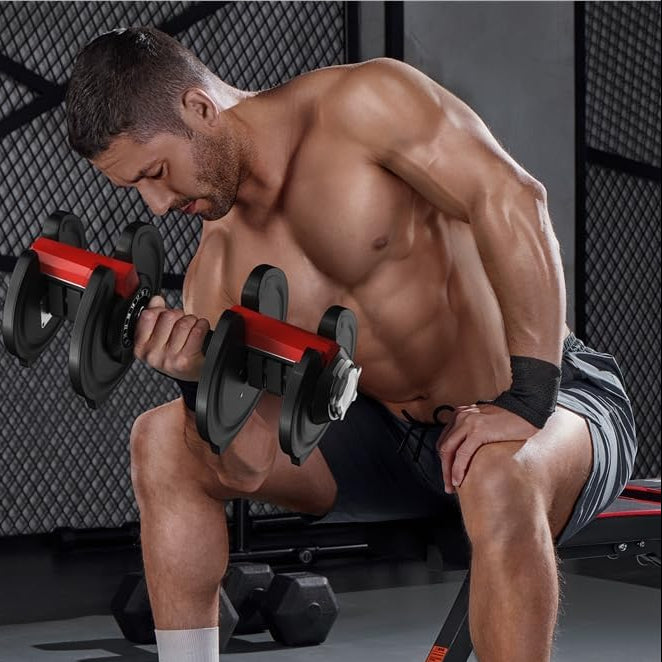 A shirtless man in a gym setting demonstrates a compact adjustable dumbbell