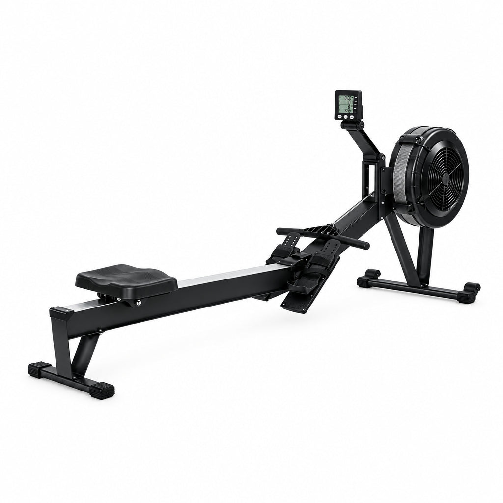 A black rowing machine with an integrated digital display screen, padded seat, and flywheel on a solid white background. Main image