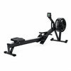 A black rowing machine with an integrated digital display screen, padded seat, and flywheel on a solid white background.