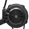 A close-up of a black circular industrial fan or blower with a front grille and part of the mounting bracket visible on a white background.