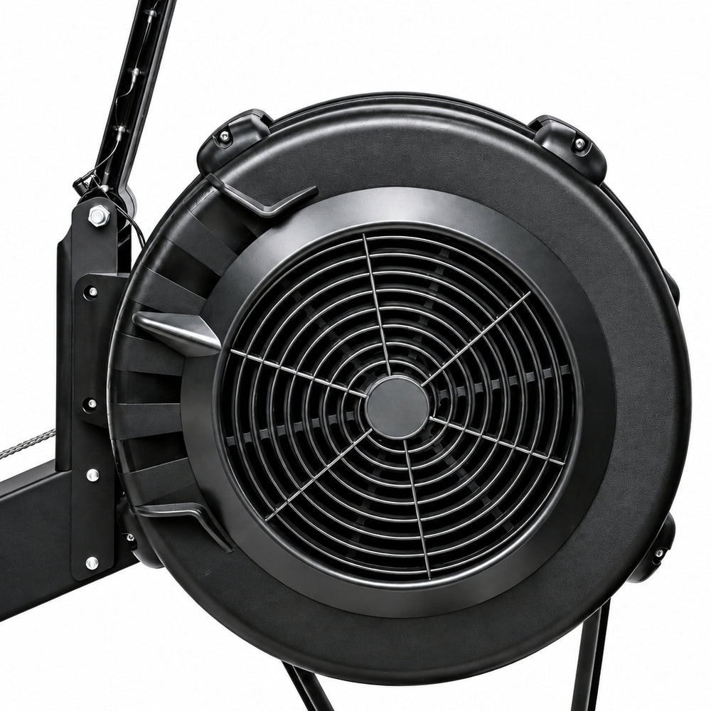 A close-up of a black circular industrial fan or blower with a front grille and part of the mounting bracket visible on a white background.
