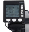 A close-up of a black digital exercise monitor display with buttons labeled UP, MODE, and RESET, mounted on a black handlebar or support structure against a white background.