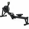 A black rowing machine with a digital display screen on a solid white background.