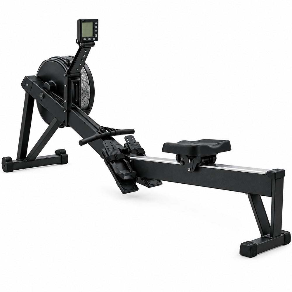A black rowing machine with a digital display screen on a solid white background.