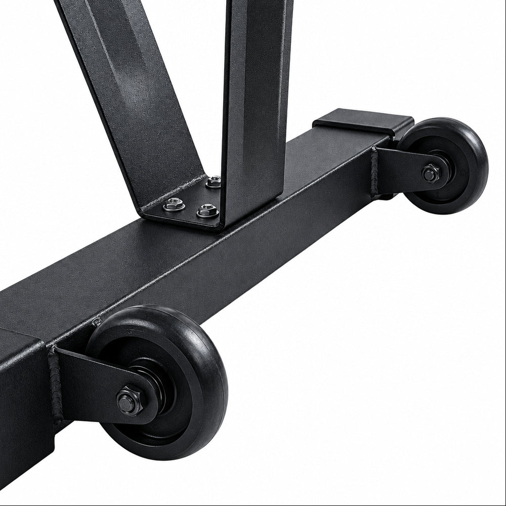 Close-up of a black metal table frame with two caster wheels on a white background.