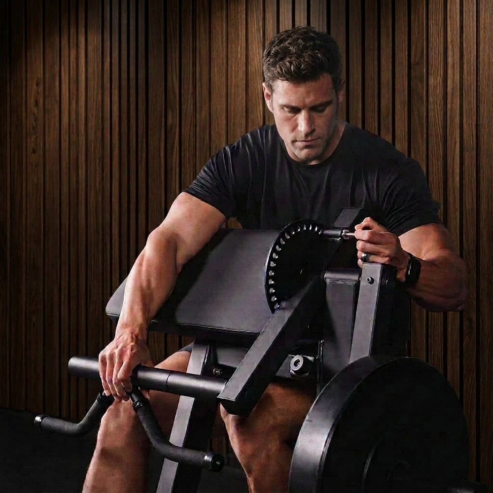 Man using a weight machine in a gym setting