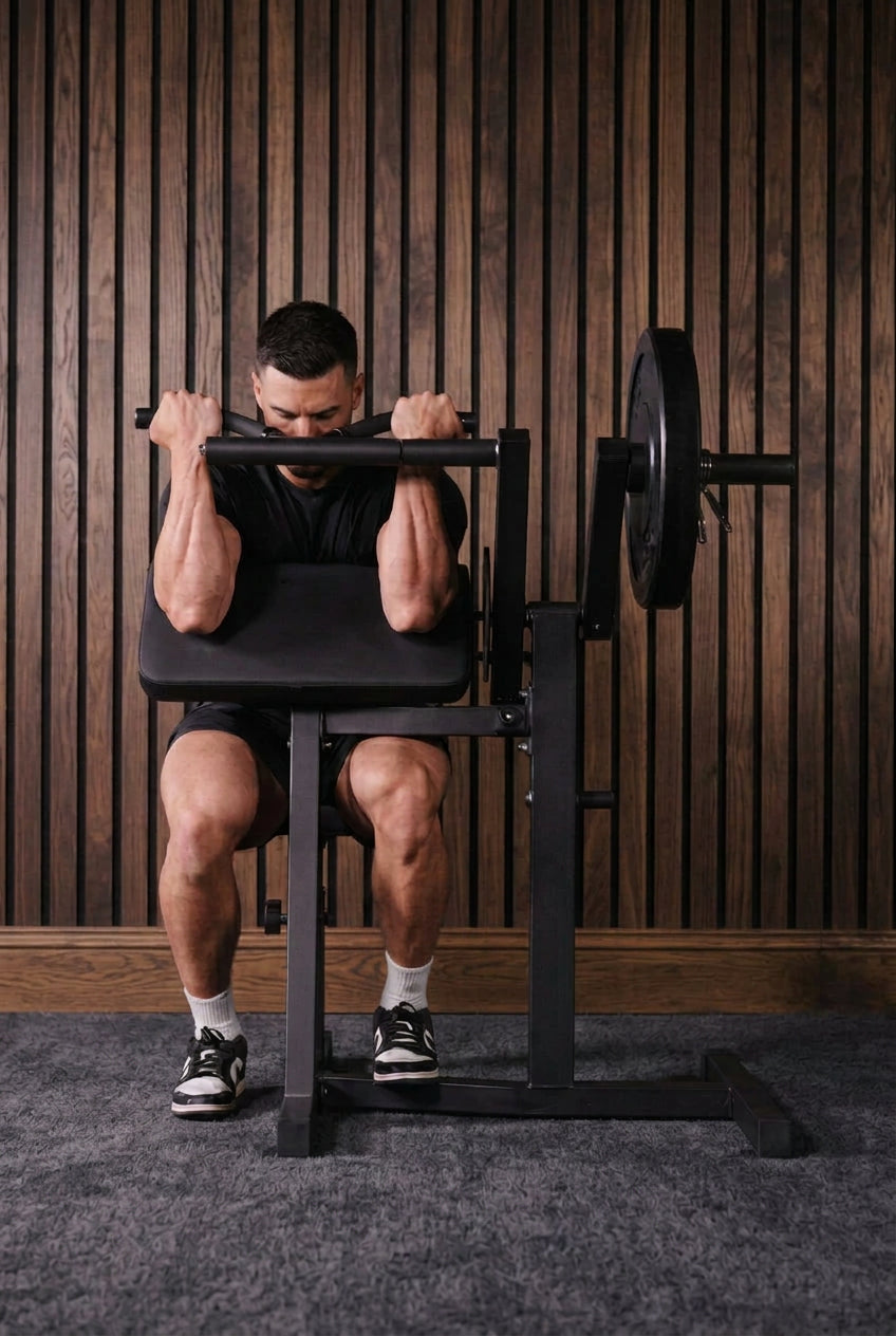 A man performing a shoulder press on a black gym bench press machine with a barbell loaded with weights, set against a dark gray wall.