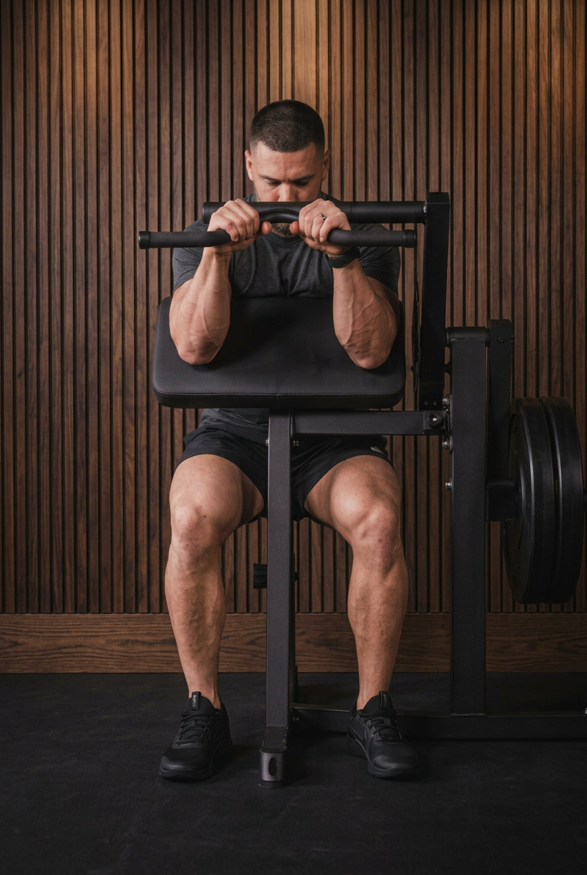 Person performing a squat exercise on a weight bench in a gym setting.