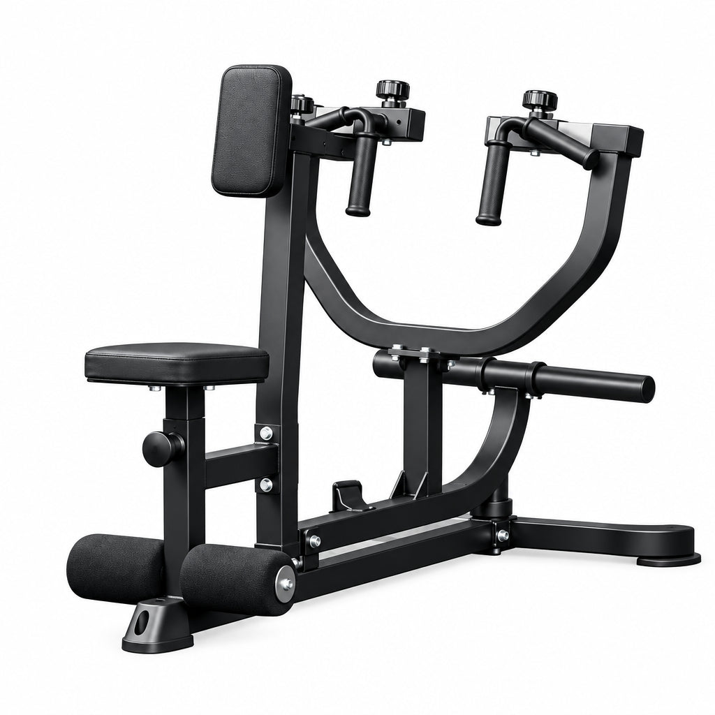 A black dual-arm pull-up/lat pulldown gym machine with a padded seat and backrest, photographed on a white background