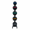 A stack of five black Joboy med balls on a black rolling stand, photographed against a solid white background.