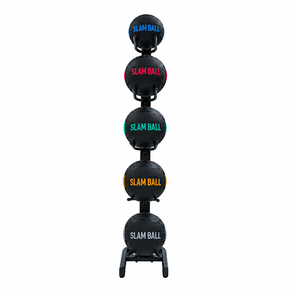 A stack of five black Joboy med balls on a black rolling stand, photographed against a solid white background.