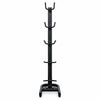 A black freestanding rack with multiple curved hooks and a base, shown on a plain white background.
