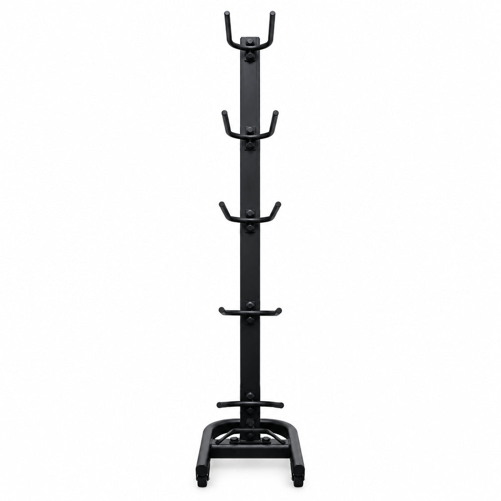 A black freestanding rack with multiple curved hooks and a base, shown on a plain white background.