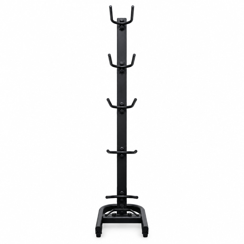 A black freestanding rack with multiple curved hooks and a base, shown on a plain white background.